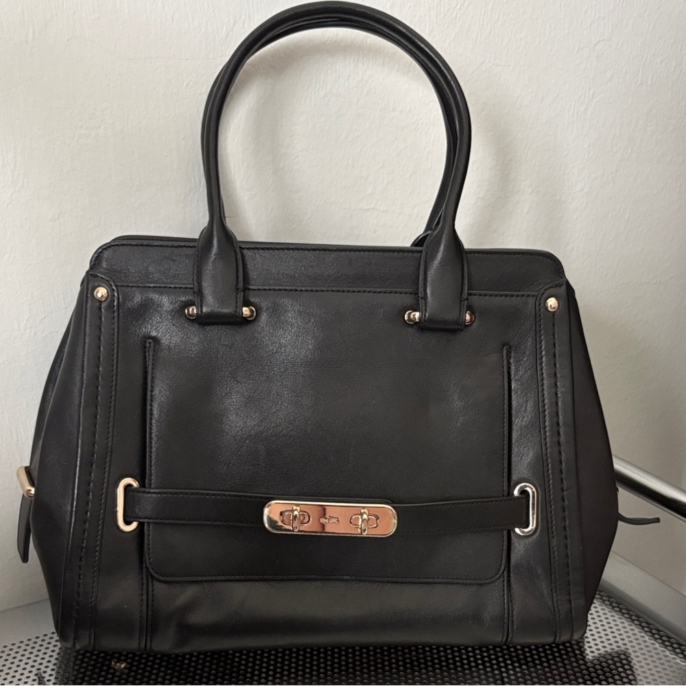 Coach Swagger Frame Satchel Black Leather Handbag with Crossbody Strap - Picture 5 of 16